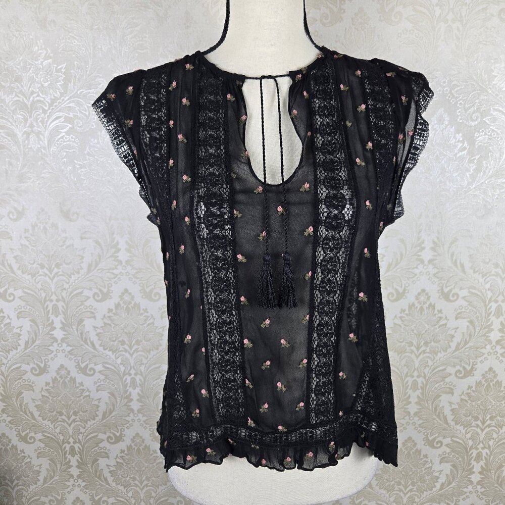 Ulla Johnson Size 4 Magdalena Blouse in Raven Lace Insets Flutter Slv Floral Emb